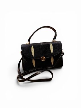 Black Top-Handle Crossbody Bag with Gold Accents